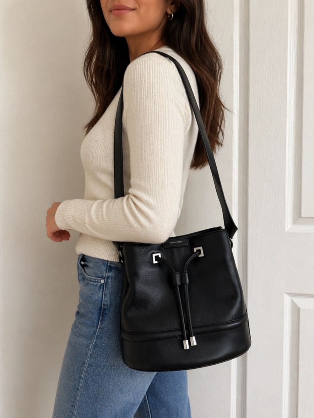 Calvin Klein Ash Drawstring Bucket Crossbody Bag in Black with Silver Hardware